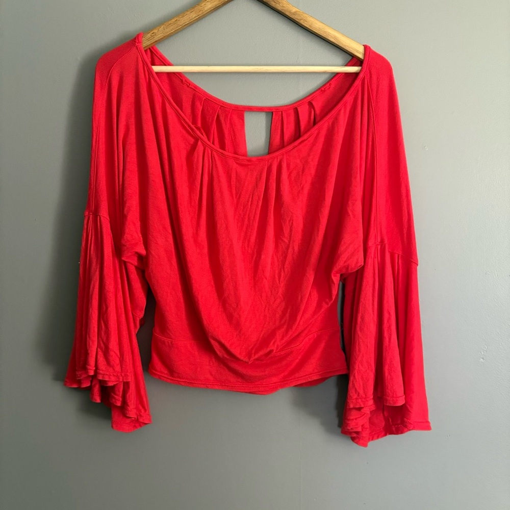 Free People Last Time Red Surplice Bell Sleeve Crop Top Size Medium - Picture 4 of 8